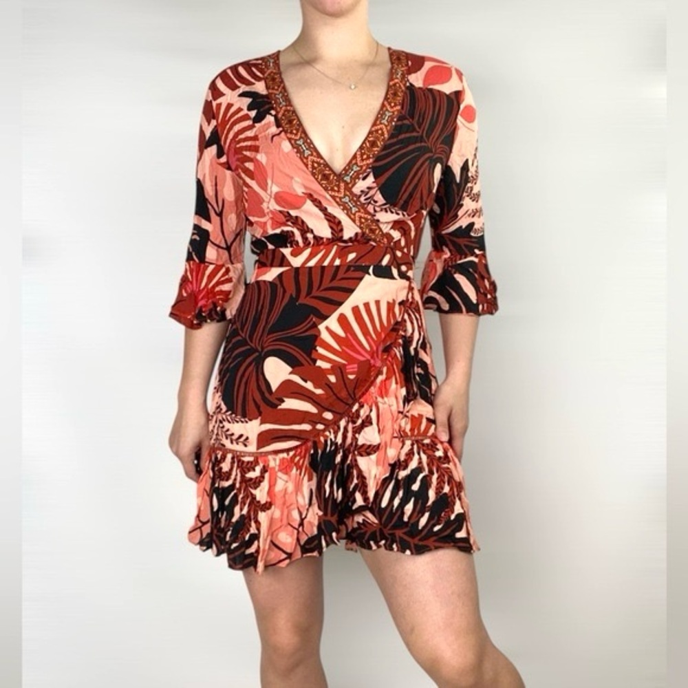 Anthropologie Farm Rio Bruxelles Red Mini Wrap‎ Dress Boho Vacation Resort XS